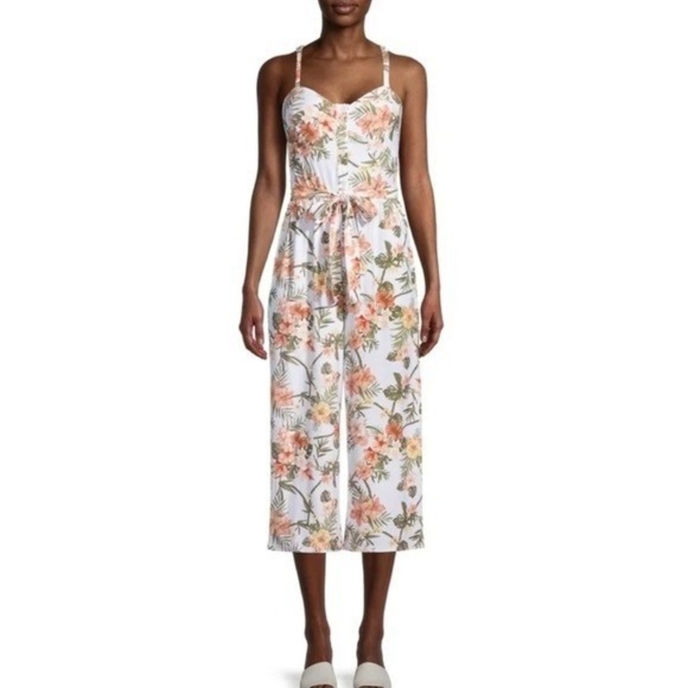 No Boundaries Junior Girls Large Tie Front Tropical Floral Halter White Jumpsuit